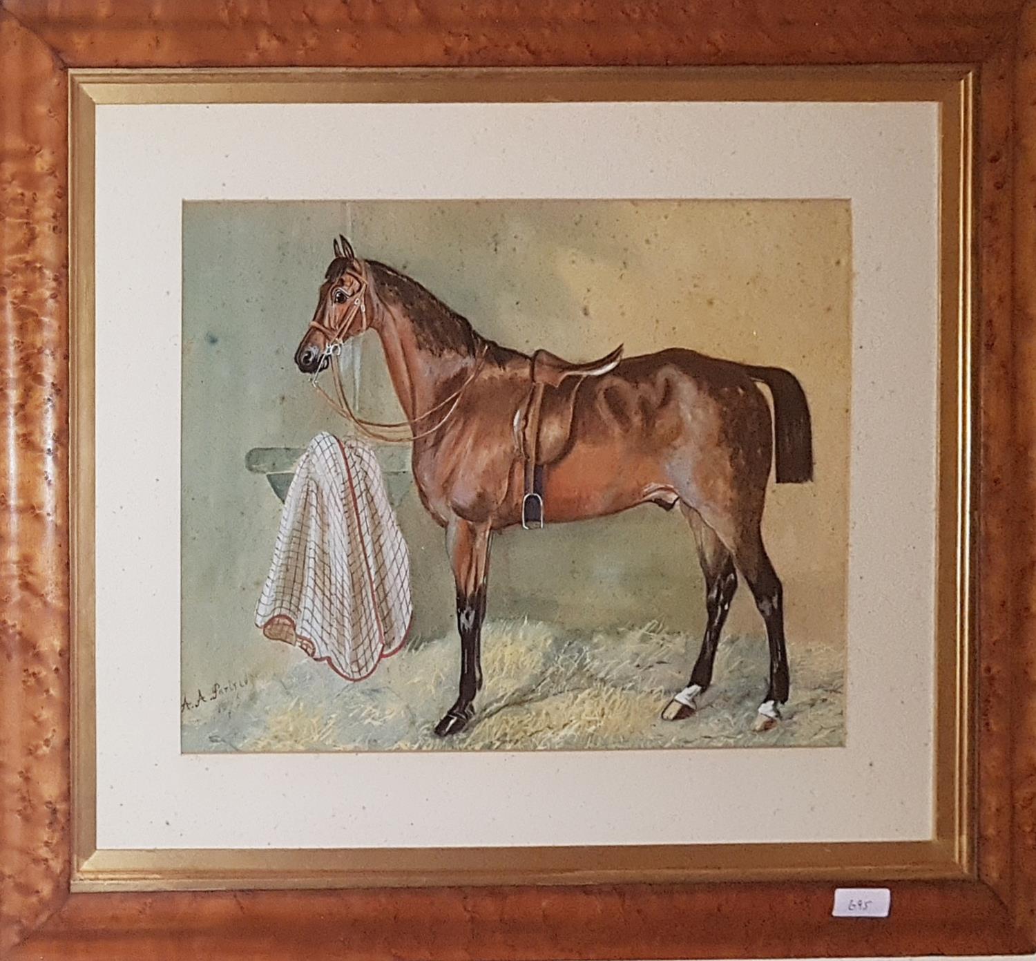 A late 19th Century Watercolour of a Horse in a stable by A A Partridge. Signed and dated LL 1875.