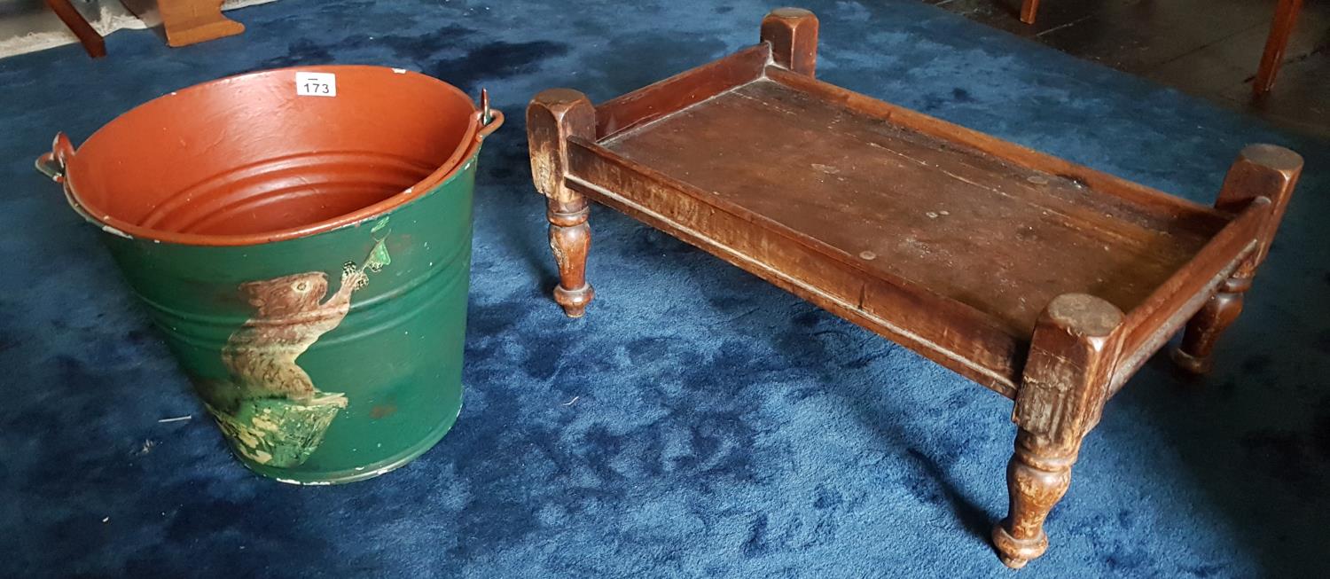 An Edwardian Mahogany Bed Table along with a decoupage bucket.