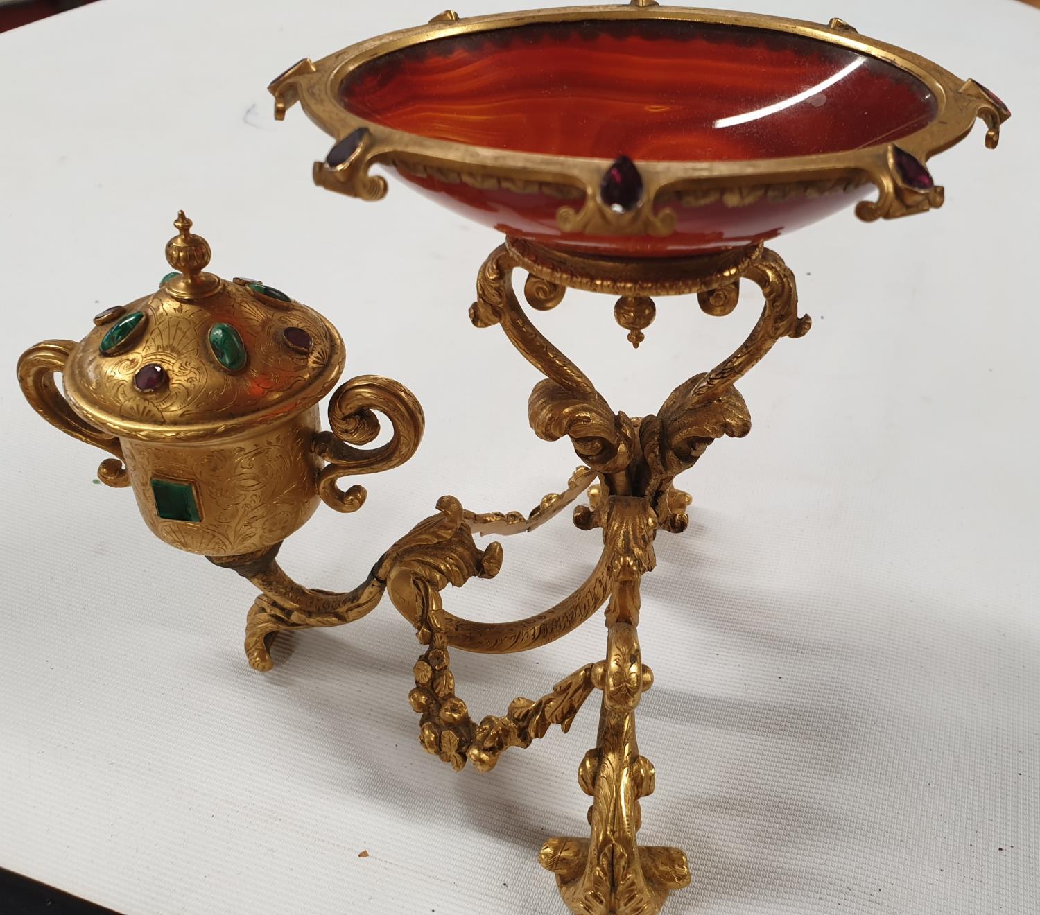 A 19th Century Ormolu Urn Stand with semi precious stone mounts along with another piece.