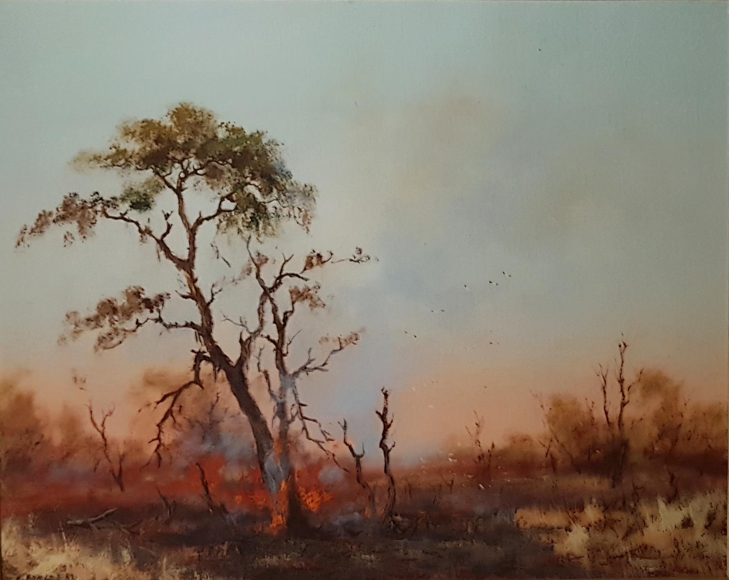 A 20th Century Oil on Panel of a forest burning. Signed E Forlee and dated LL. 50cm. - Image 2 of 2