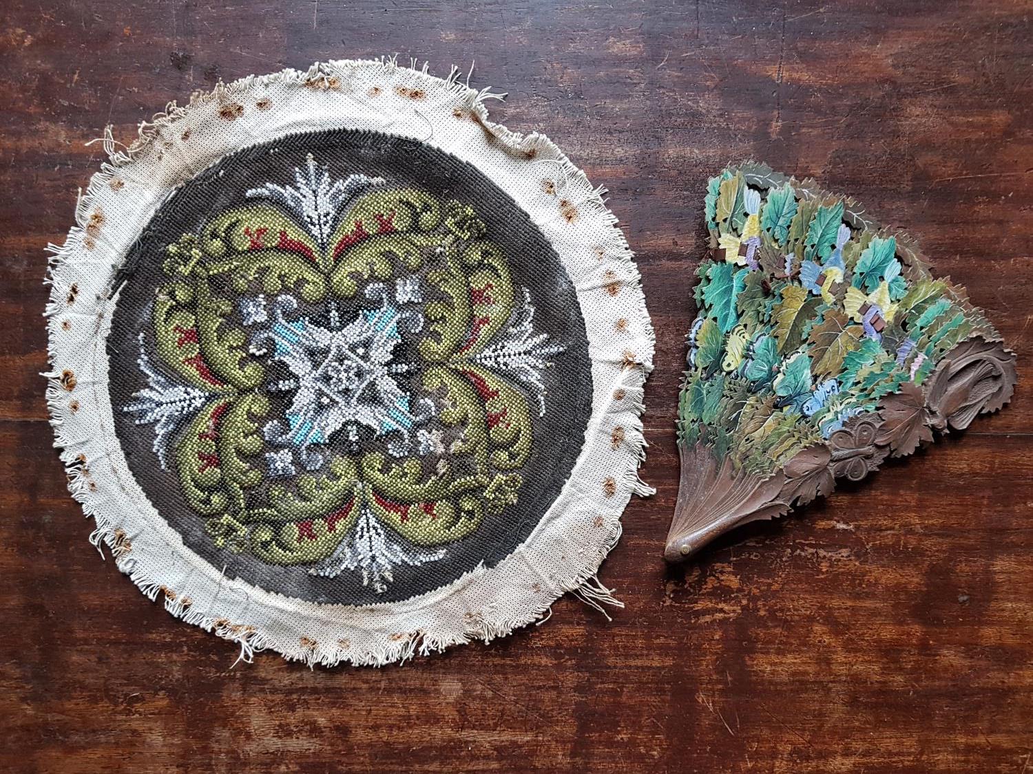 A very unusual Timber hand painted Fan along with a 19th Century beadwork panel.