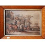 A 19th Century Coloured Engraving of a Hunting Scene in a birds eye maple frame. 46cm.