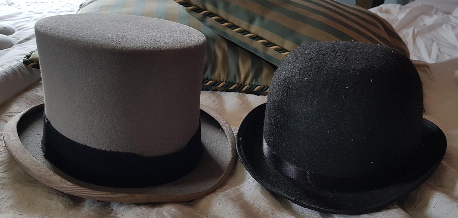 A Moss Bros. Top Hat and a Bowler Hat.
