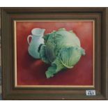 An Oil on Board Still Life of a Cabbage and Jug. Monogrammed RR. LL. 29cm.