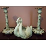A pair of Porcelain Lamps along with a swan.