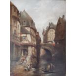 A 19th Century Oil on Canvas of a Continental town scene with figures by a canal. Indistinctly