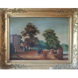A pair of 19th Century Primitive Oils on Canvas of people at a seashore with bathing carts and a