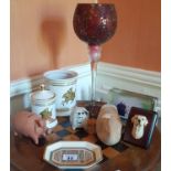 An unusual Crackled Glass Glass, two old Foley James Kent Pots and some figures.