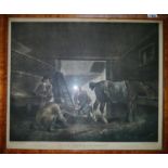 A Coloured Engraving after George Morland in a 19th Century Maple frame. 'Stable amusement'.