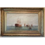 John Lovell 19th Century. An Oil on Canvas of Men o War at anchor of a coast. In its original ornate