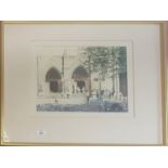 A Watercolour of a Street scene in front of a Church.