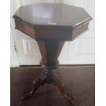 A late 19th Century Walnut Sewing Table on a tripod base and with fitted interior.