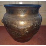 A really good Bronze/Brass Cauldron shaped Vase/Pot with an Oriental theme. 40 x 40cm.