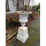 A lovely pair of Cast Iron Urns on stands with fluted outline and egg and dart moulded rims.