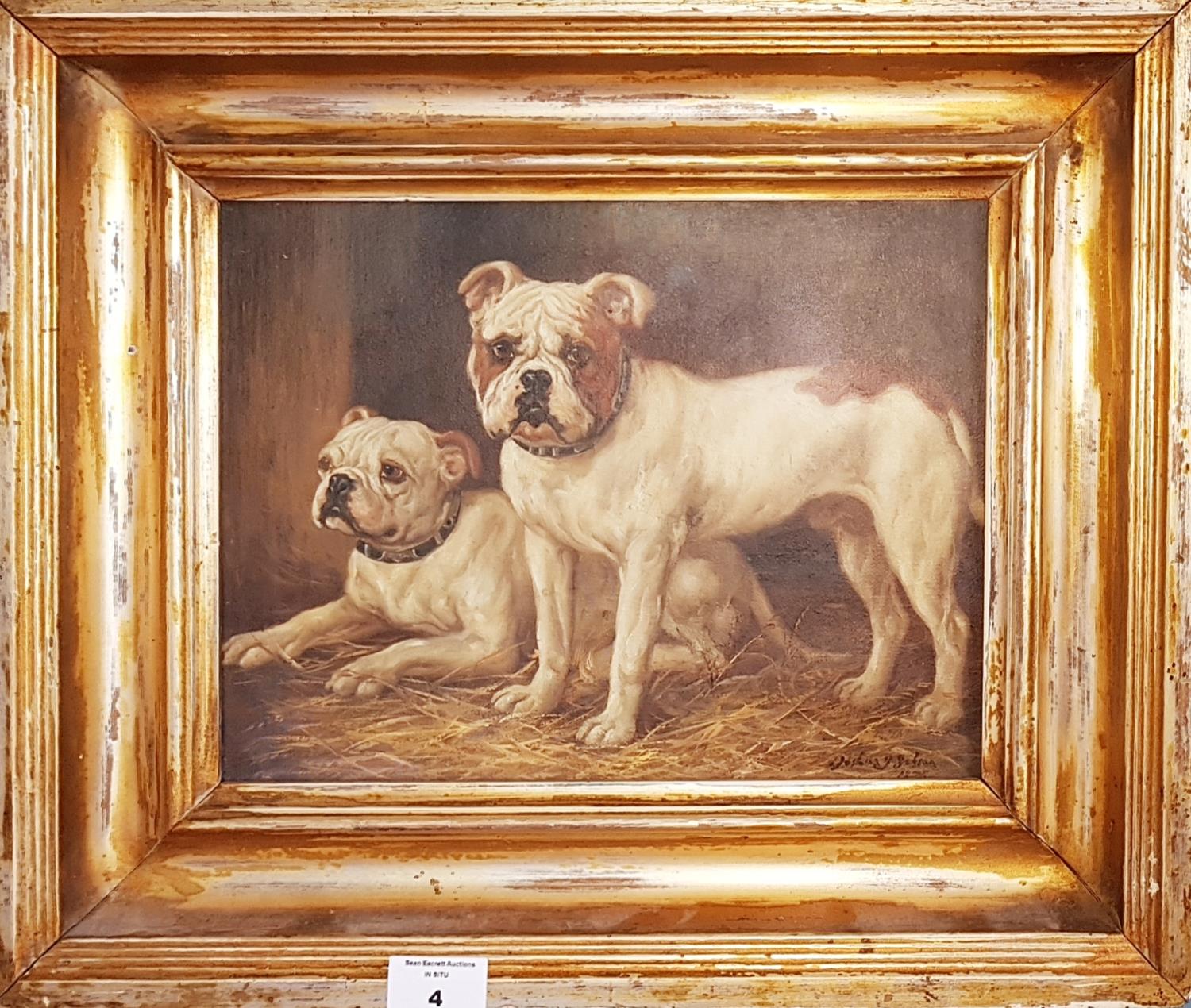 A 19th Century Oil on Canvas of two Bulldogs in a stable by Joshua J Gibson. Signed LR & dated 1878.