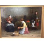 Circa 1860. 'Home from Market'. An interior with Women with a basket of poultry. An Oil on Canvas.