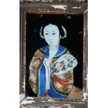 A 19th Century possibly earlier hand painted on Glass of a Geisha Girl in a distressed frame.