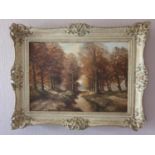 A large Oil on Canvas of a stream in a wooded landscape. In an ornate frame.