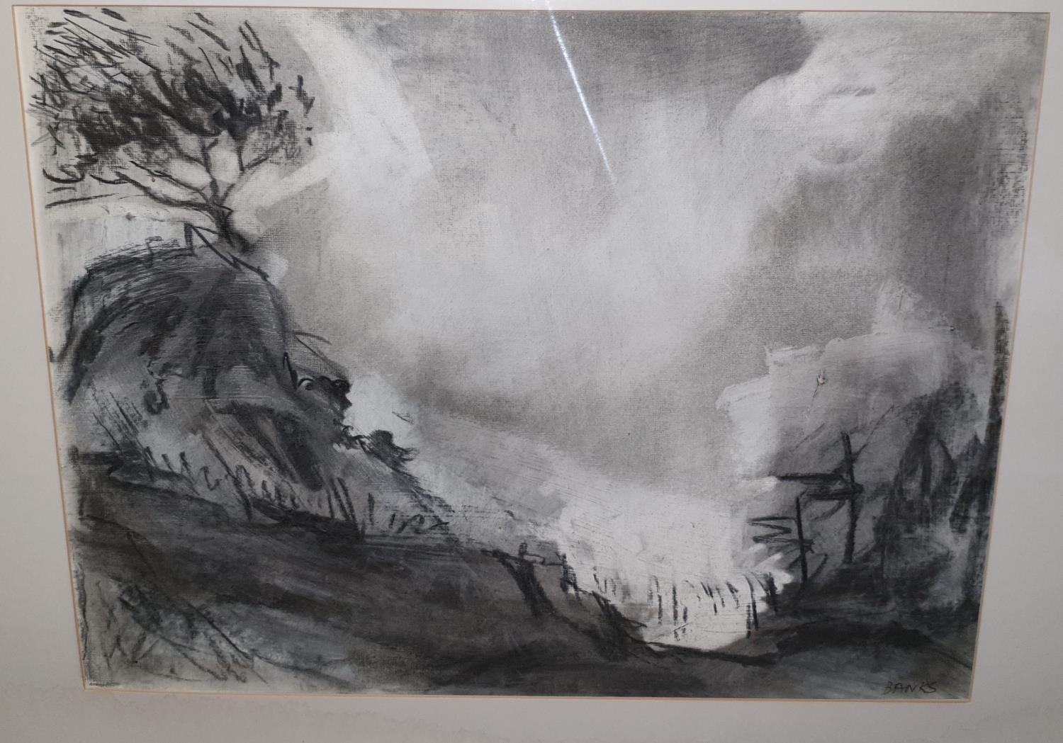 A Charcoal drawing of a 'Rising Wind' by Banks. Signed LR. 43 x 33cm.