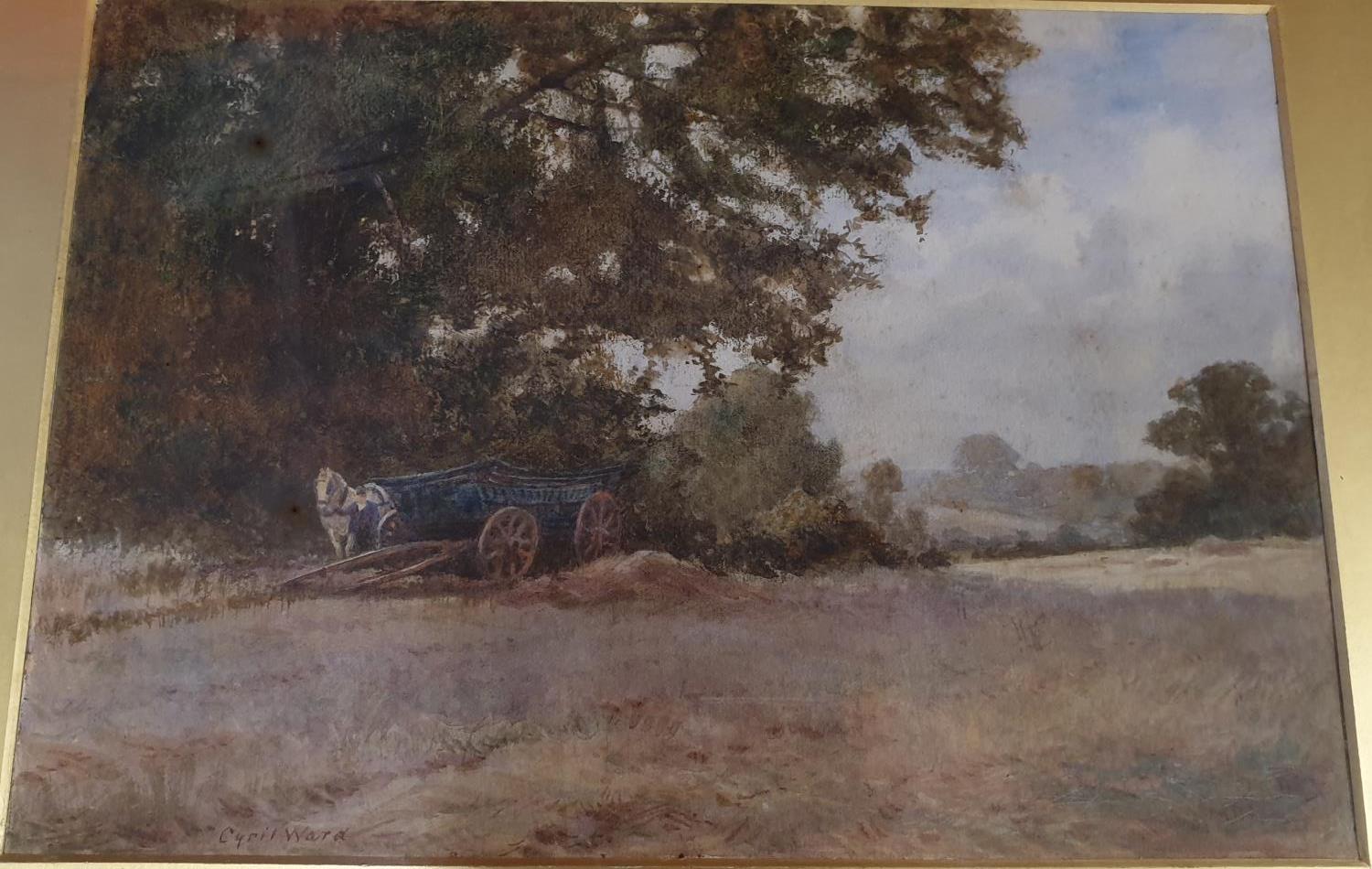 A 19th Century watercolour of a horse and cart in a field.
