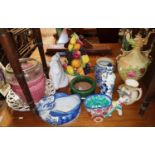 A large quantity of Items on a table to include pottery animals, vases, pots and plates.