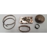 An Eastern Powder Pot, two Bangles along with other items mostly silver to include a medieval ring.