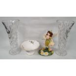 A Royal Doulton Figure 'Prilla' along with two Galway crystal vases and an Aynsley bowl.