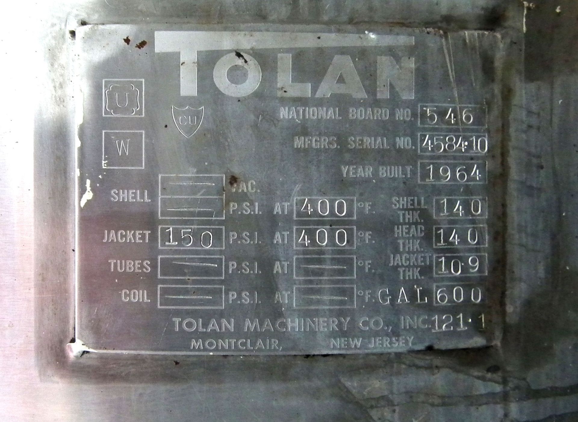 Tolan 600 Gallon Jacketed Stainless Steel Tank A1484 - Image 10 of 10