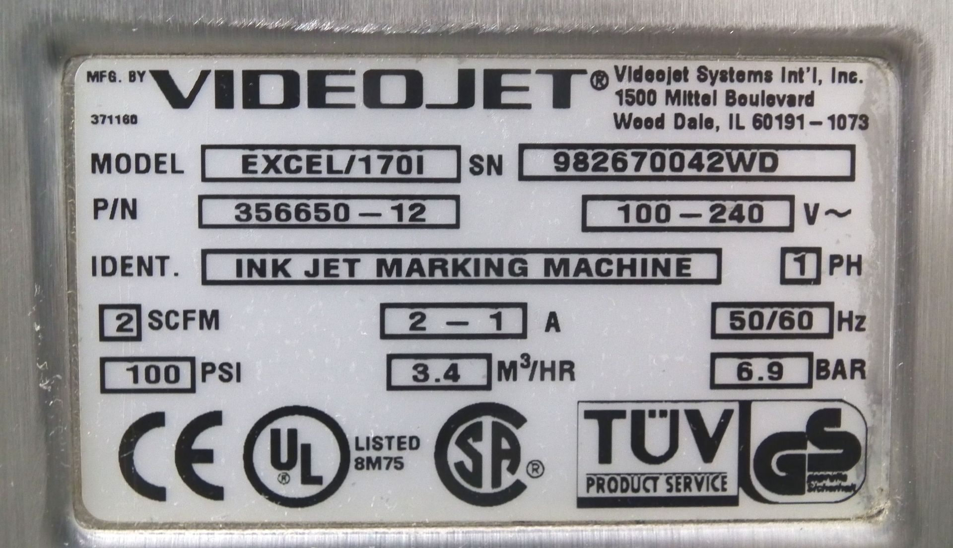 VideoJet Excel 170i Single Nozzle Ink Jet Coder A9284 - Image 12 of 12