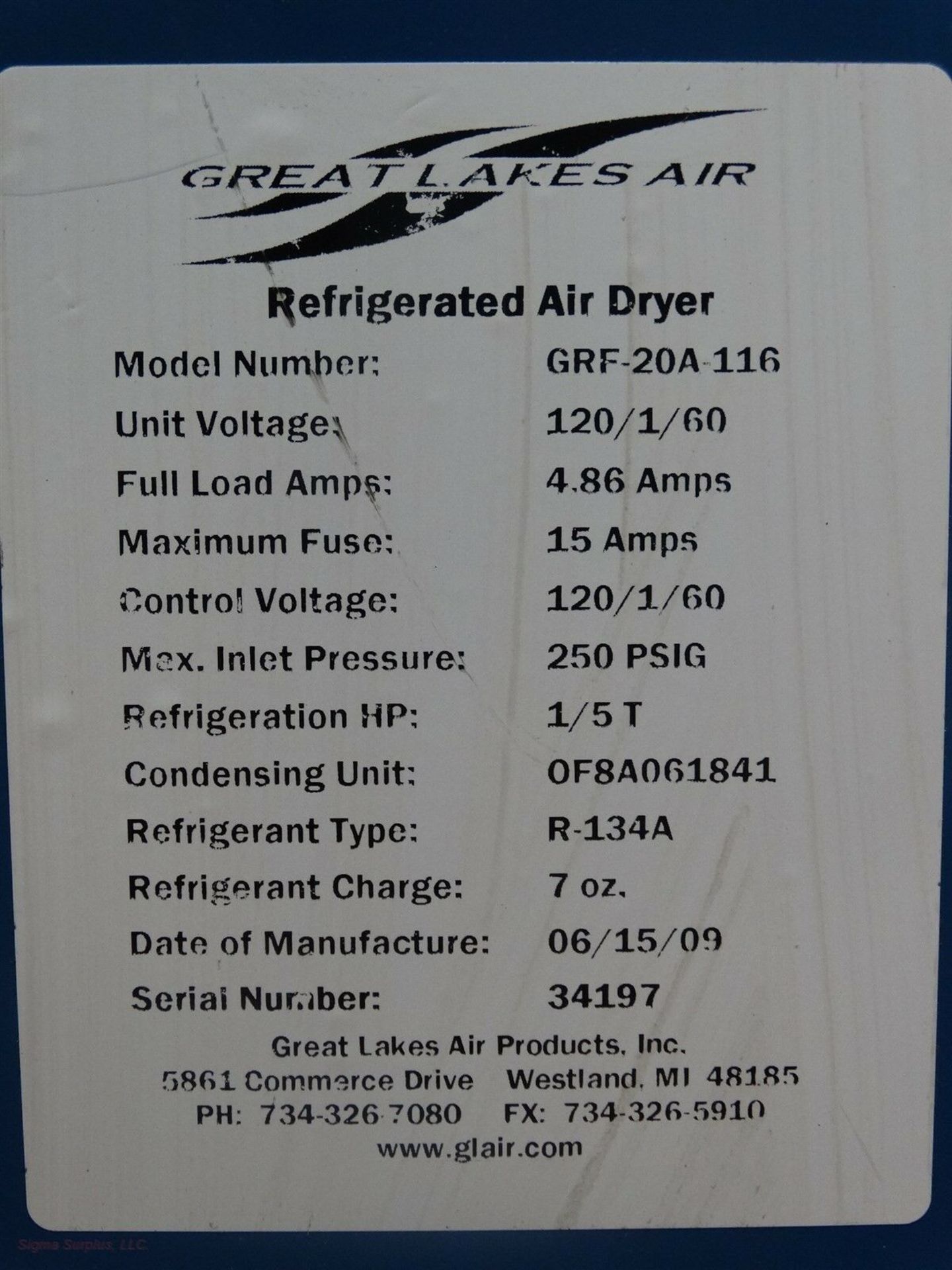Great Lakes Air Refrigerated Air Dryer GRF-20A-116 Voltage:120/1/60 FLA.4.86A 13309 - Image 7 of 11