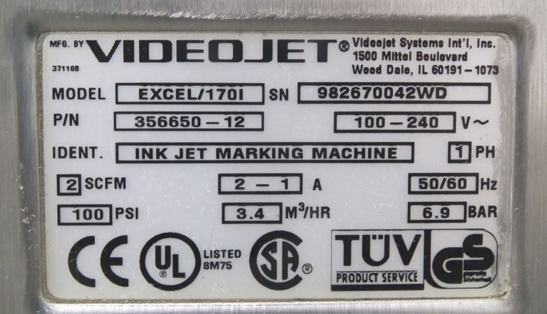 VideoJet Excel 170i Single Nozzle Ink Jet Coder A9284 - Image 9 of 9