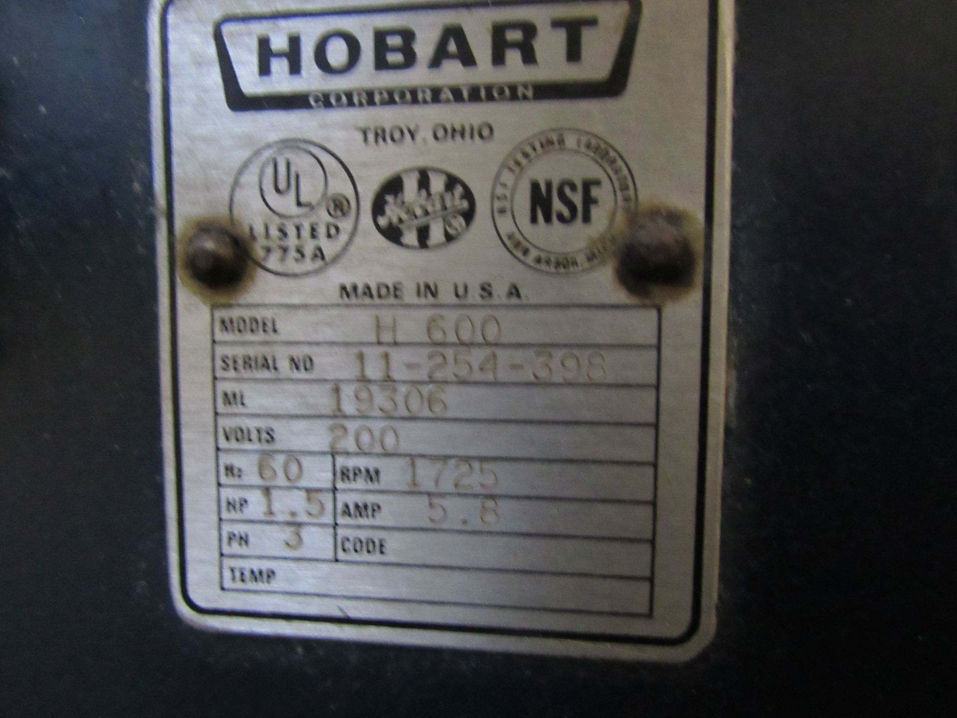 Hobart 60-quart mixer, model H600, serial 11254-398 - Image 2 of 3