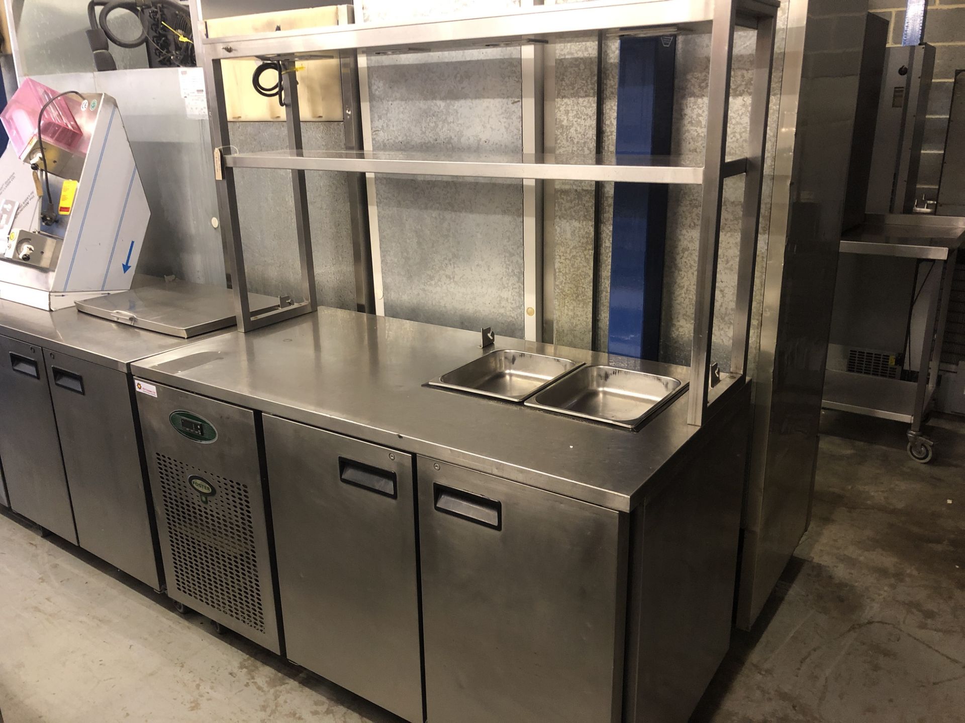 Refrigerated Pizza Prep Counter with Heated Overhead Gantry,