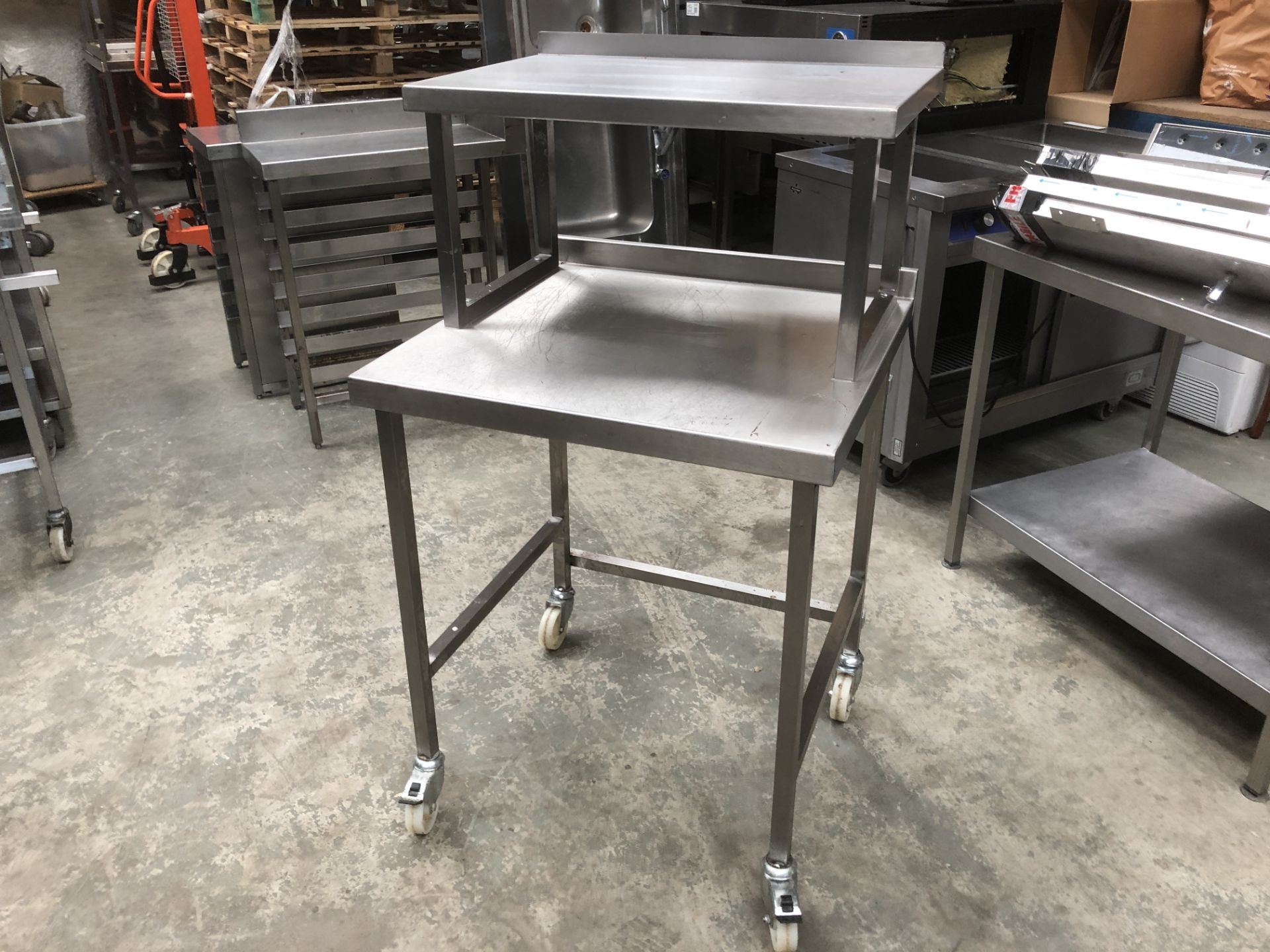 Stainless Steel Prep Table on Wheels, Microwave Shelf Above