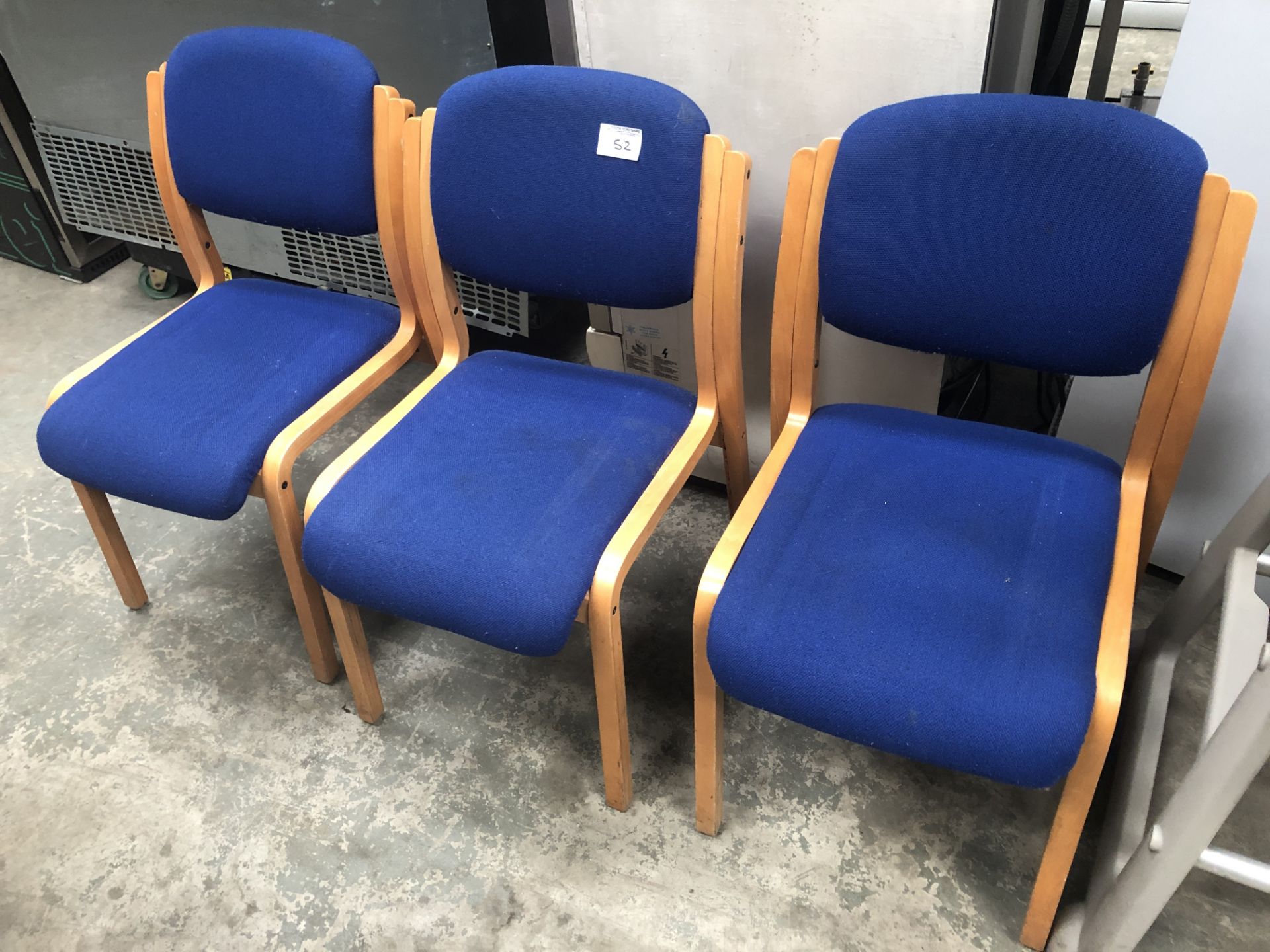 3 x Blue Padded Wooden Chairs