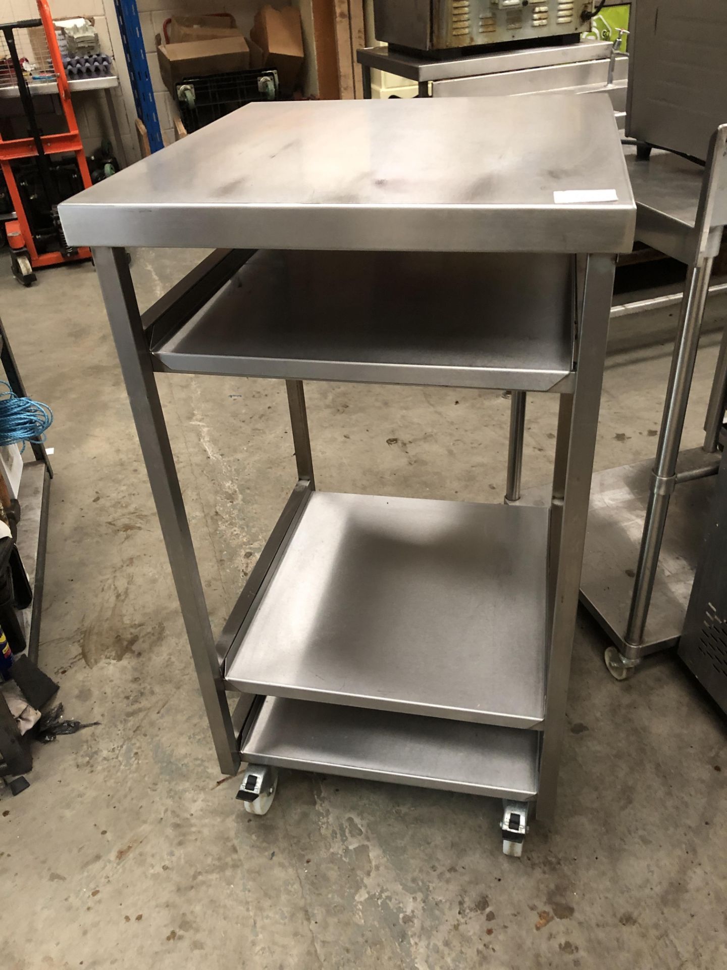 Stainless Steel Table with 4 Shelves, On Wheels
