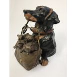 COLD PAINTED BRONZE DACHSHUND DOG HOLDING A SATCHEL FULL OF FOX CUBS NOVELTY INKWELL