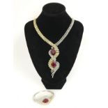 18ct WHITE & YELLOW GOLD NECKLACE SET 2 PEAR SHAPE RUBIES AND APPROXIMATELY 487 CUT DIAMONDS