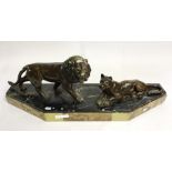 ART DECO BRONZE LION AND LIONESS FIGURINES ON MARBLE BASE