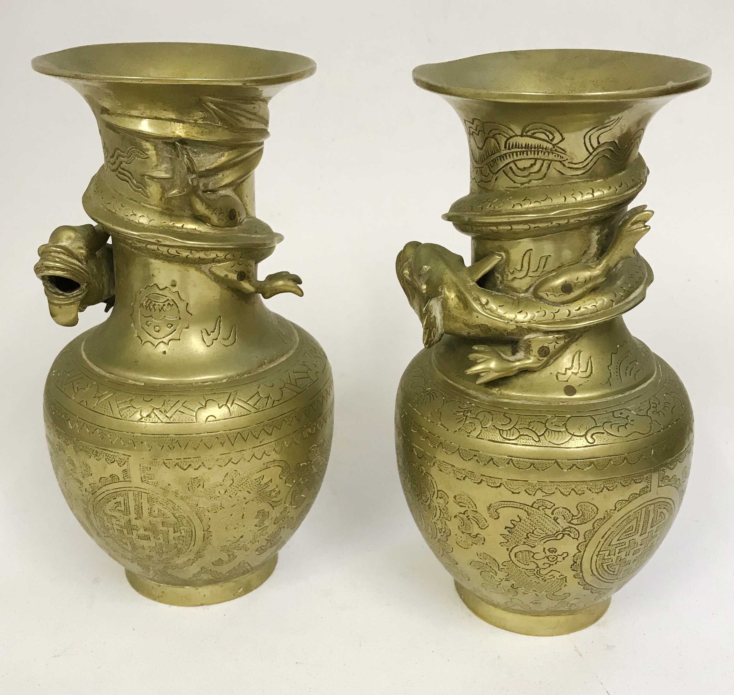 Pair of Oriental Chinese Heavy Brass Vases with Dragons - Image 2 of 6