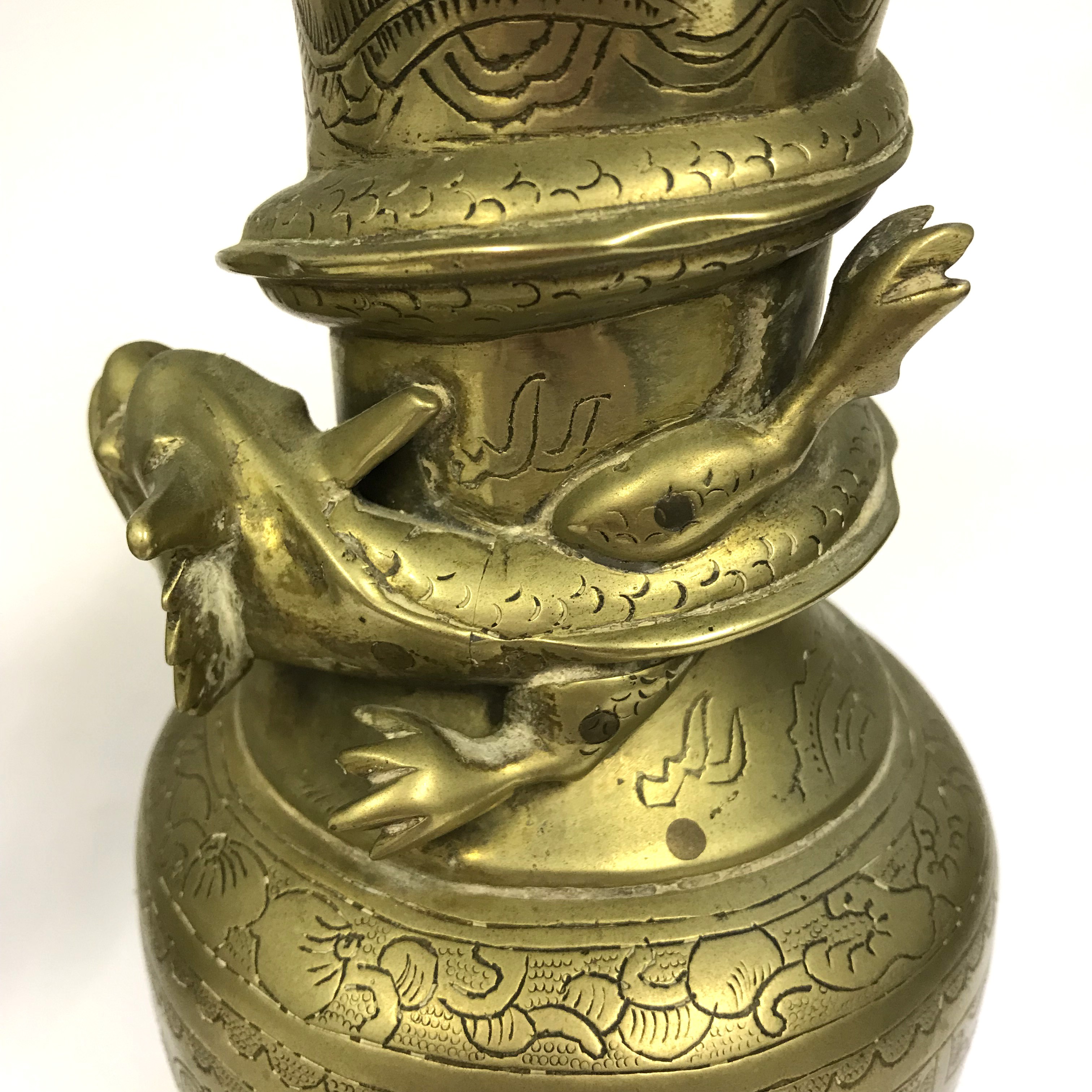 Pair of Oriental Chinese Heavy Brass Vases with Dragons - Image 6 of 6