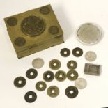 Chinese Bronze box and small collection of coins