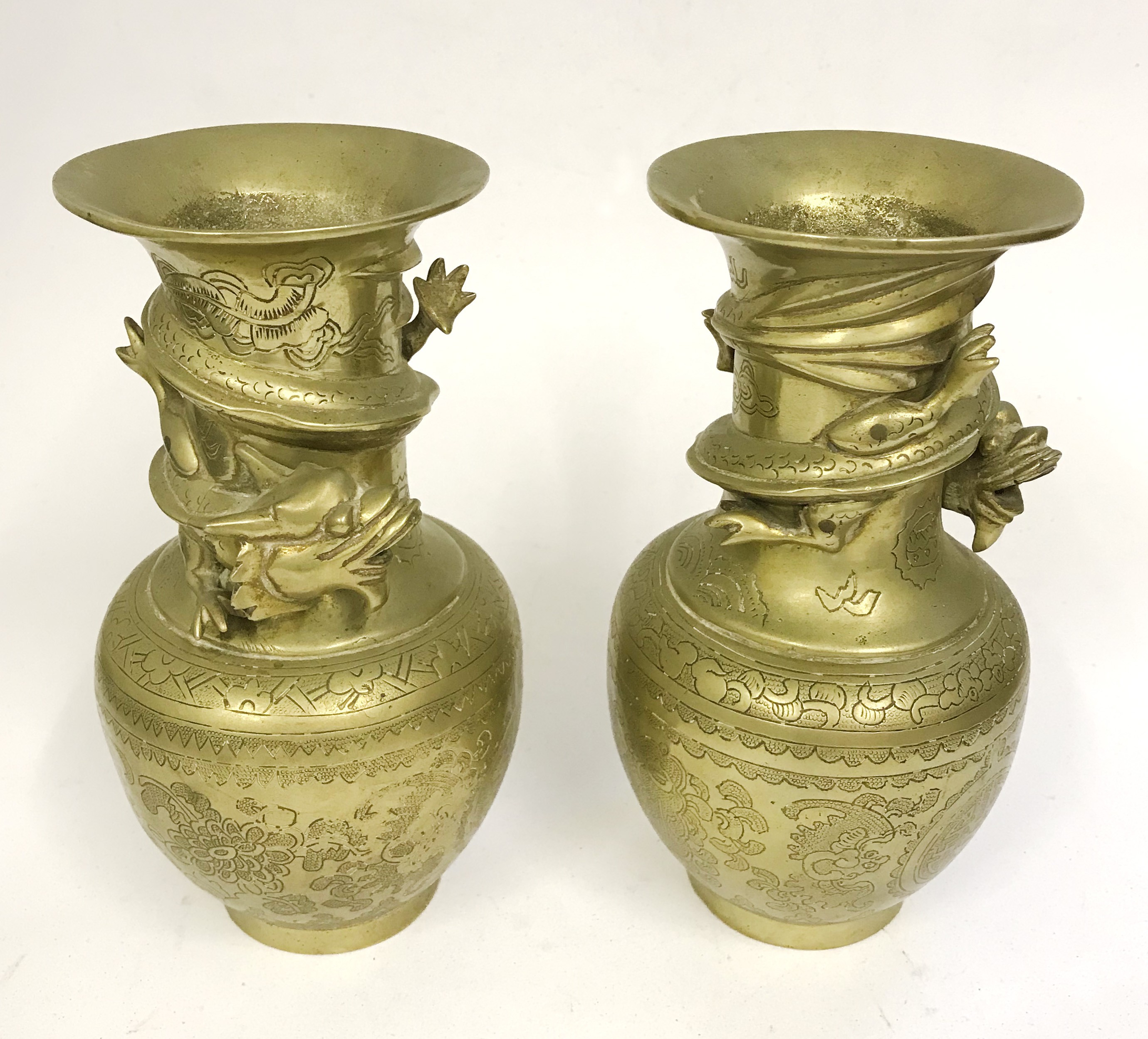 Pair of Oriental Chinese Heavy Brass Vases with Dragons