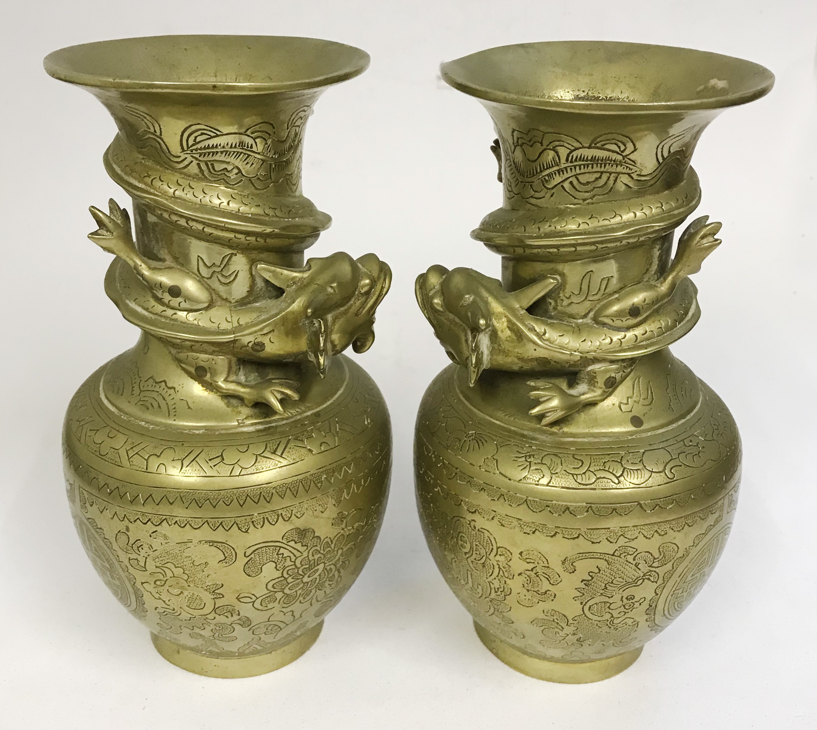Pair of Oriental Chinese Heavy Brass Vases with Dragons - Image 5 of 6