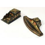 TWO VICTORIAN BLACK LACQUERED PAPIER MACHE INKWELLS