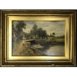 Ernest Walbourn 1872-1927 British Oil on canvas “Lady Walking by a Weir with Sheep” Signed and dated