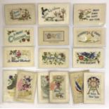 FIFTEEN EARLY EMBROIDERED SILK POSTCARDS IN VARIOUS CONDITION