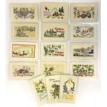 FIFTEEN EARLY EMBROIDERED SILK POSTCARDS IN VARIOUS CONDITION