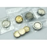 COLLECTION OF COIN BROOCHES, COIN BRACELET, IN A SMALL BRASS BOX