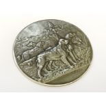 SILVER MEDAL HALLMARKED ARGENT DEPICTING PASTORAL SCENE WITH DOGS IN FRONT SIGNED J W RIVET